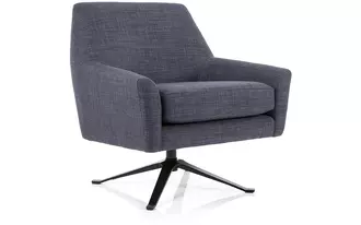 2097 - With a contoured back and gracefully sloped arms, this chair marries comfort with modernist glamour. A swiveling metal base supports the padded seat, providing visual contrast and versatility.