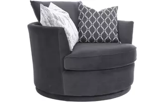 2991-46 - Round out your living room with the contemporary curves of this chair lounger. This inviting swivel chair beckons you to kick off your shoes and snuggle up. A tight barrel back completes the circle with a loose back pillow and several oversized throw pillows.