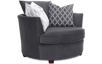 2992-46 - Round out your living room with the contemporary curves of this chair lounger. This inviting swivel chair beckons you to kick off your shoes and snuggle up. A tight barrel back completes the circle with a loose back pillow and several oversized throw pillows.