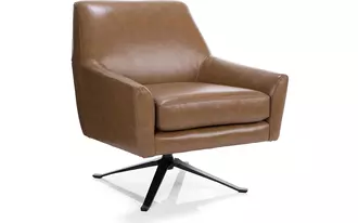 3097 - A discreet metal base anchors our leather swivel chair, an inspired take on the modern forms of mid-century modern design. Sophisticated and supportive both, its contoured back and flared arms offer a singular embrace.