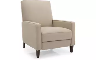 7612 - Recline in comfort with this chair’s classic high back, slim arm and exposed wood leg.  A simple pushback motion allows either semi or fully reclined positions. Also offered as a power recliner with an optional battery backup. Clean and modern styling allows this chair to work in a Modern or Transitional lifestyle.