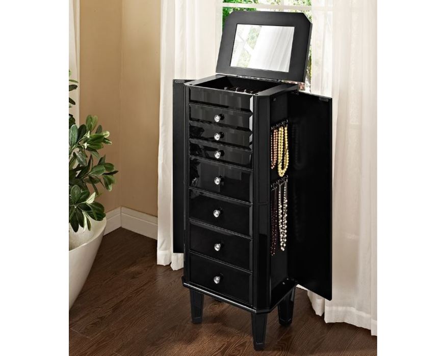 528-323  BLACK AND GLASS JEWELRY ARMOIRE