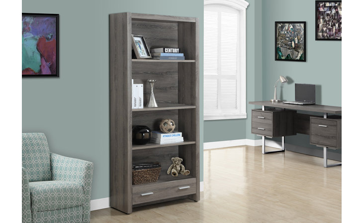 I7087  BOOKCASE - 71 H - DARK TAUPE WITH A STORAGE DRAWER