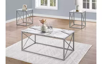 table set - 3pcs set - white marble - silver metal