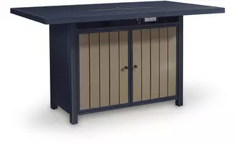 Ashley east beach rect bar table w/fire pit in navy blue/driftwood