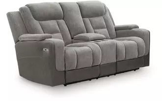 Ashley mixed motion pwr rec loveseat/con/adj hdrst in shadow