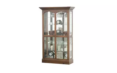 tall lighted curio, 4 plain glass side entry doors, mirror back, glass shelves, bun foot base*glass*pl*finsish*cc, dk, lt, md, so, un, cr, cm  49123 eagle