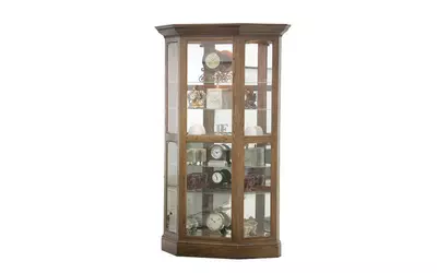 tall lighted angled curio, 4 plain glass side entry doors, mirror back, glass shelves, plain base*glass*pl*finsish*cc, dk, lt, md, so, un, cr, cm  49321 eagle