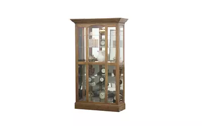 tall lighted curio, 4 plain glass side entry doors, mirror back, glass shelves, plain base*glass*pl*finsish*cc, dk, lt, md, so, un, cr, cm  49323 eagle