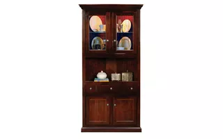 corner dining hutch buffet, (corner out 27 1 2), 2 plain glass doors, 1 adjustable glass shelf with plate groove, 2 bead board doors, 1 drawer, plain base*glass*ng*finsish*cc, cm, co, cr, ec, go, hg, iv, un  75204 eagle