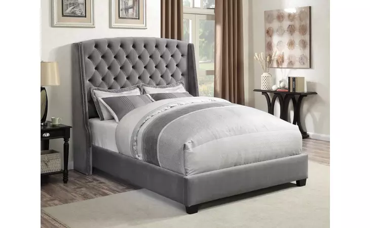 300515Q  PISSARRO TRANSITIONAL UPHOLSTERED GREY AND CHOCOLATE QUEEN BED