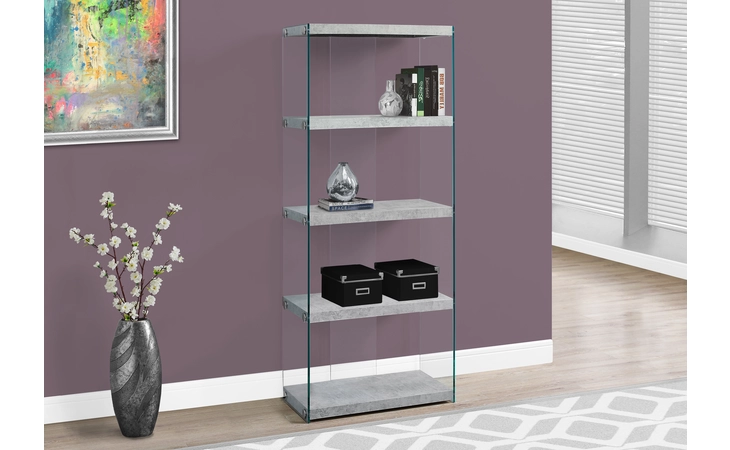 I3233  BOOKCASE - 60 H - GREY CEMENT WITH TEMPERED GLASS