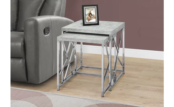 I3376  NESTING TABLE - 2PCS SET - GREY CEMENT WITH CHROME METAL