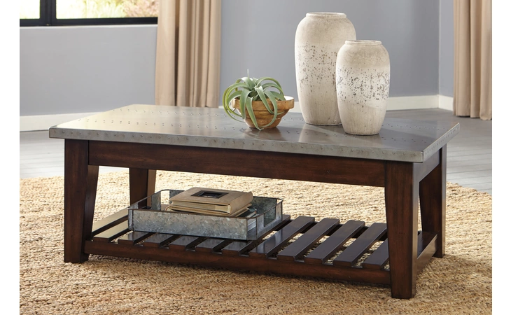 T882-9 BYNDERMAN - BROWN/SILVER FINISH LIFT TOP COFFEE TABLE