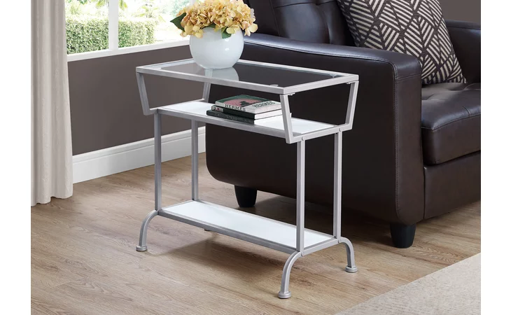 I2068  ACCENT TABLE - 22 H - WHITE - SILVER - TEMPERED GLASS