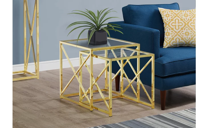 I3445  NESTING TABLE - 2PCS SET / GOLD METAL WITH TEMPERED GLASS