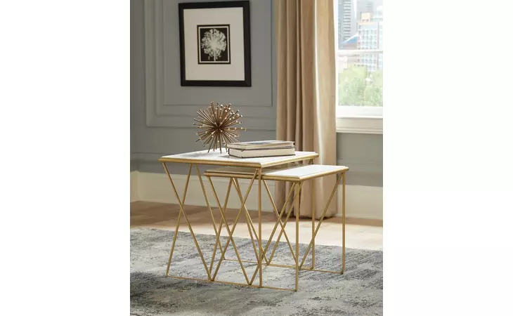 930075  2-PIECE NESTING TABLE SET WHITE AND GOLD