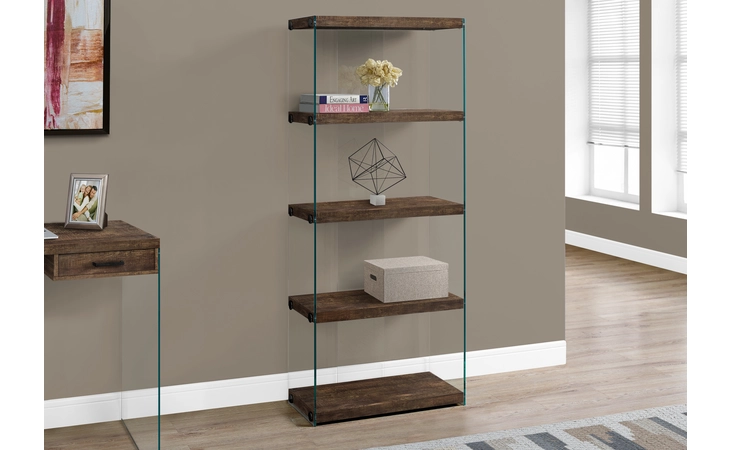 I7441  BOOKCASE - 60 H - BROWN RECLAIMED WOOD-LOOK -GLASS PANELS