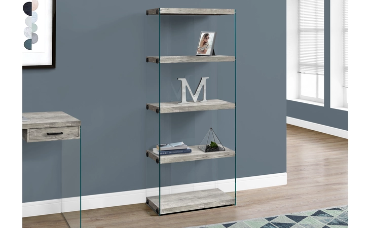 I7442  BOOKCASE - 60 H - GREY RECLAIMED WOOD-LOOK -GLASS PANELS