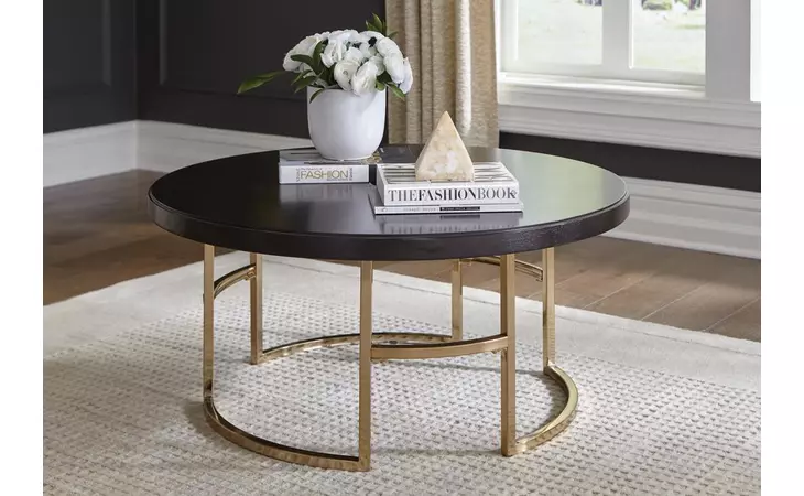 722748  CORLISS ROUND COFFEE TABLE AMERICANO AND ROSE BRASS