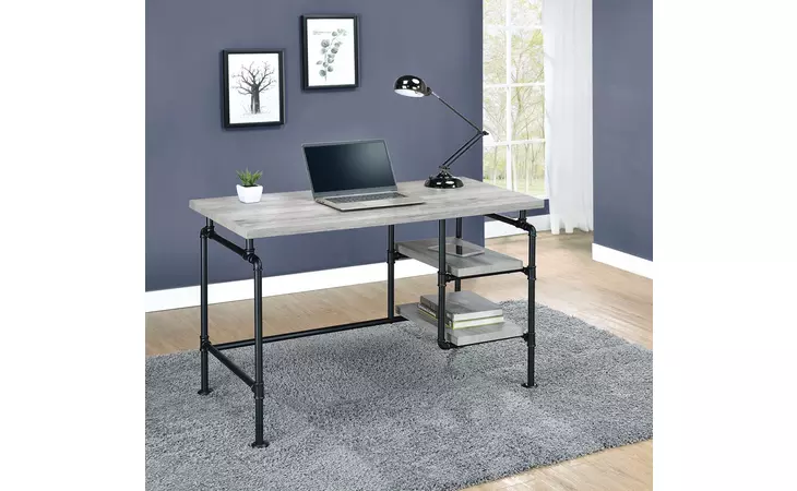 803701  DELRAY 2-TIER OPEN SHELVING WRITING DESK GREY DRIFTWOOD AND BLACK