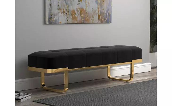 910252  TUFTED UPHOLSTERED BENCH BLACK AND BRASS