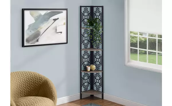 bookcase - 62 h - dark taupe - black metal corner etagere by monarch specialties