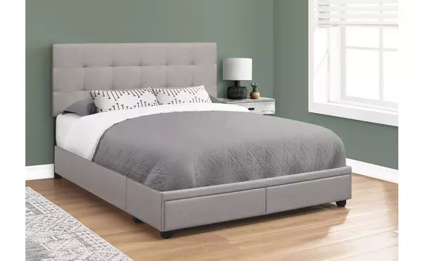 bed - queen size - grey linen with 2 storage drawers by monarch specialties
