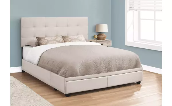 bed - queen size - beige linen with 2 storage drawers by monarch specialties