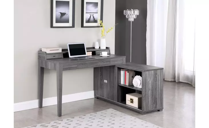805751  JAMARA L-SHAPE OFFICE DESK WITH POWER OUTLET WEATHERED GREY