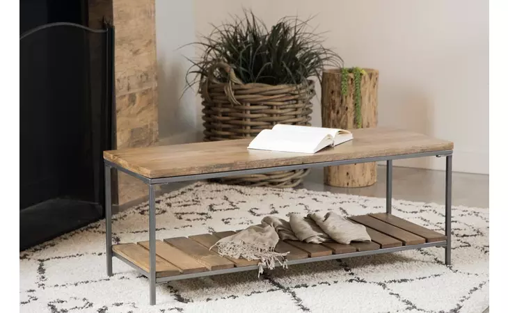914127  ACCENT BENCH WITH SLAT SHELF NATURAL AND GUNMETAL