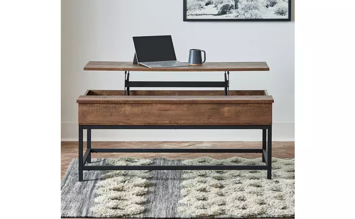 723778 BLACK COFFEE TABLE WITH HIDDEN STORAGE BROWN OAK AND SANDY BLACK COASTER  723778