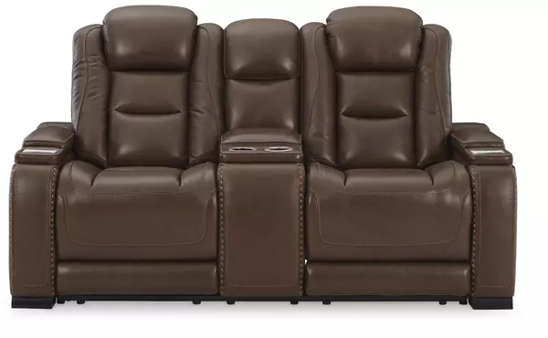 the man-den mahogany pwr rec loveseat/con/adj hdrst by ashley