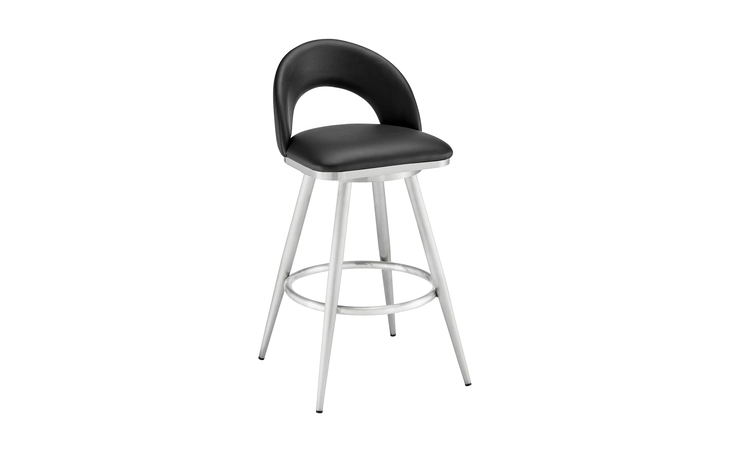 LCCHBABSBLK26  CHARLOTTE SWIVEL COUNTER STOOL IN BRUSHED STAINLESS STEEL AND BLACK FAUX LEATHER