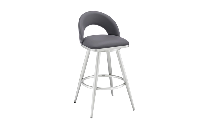 LCCHBABSSLGRY26  CHARLOTTE SWIVEL COUNTER STOOL IN BRUSHED STAINLESS STEEL AND GRAY FAUX LEATHER
