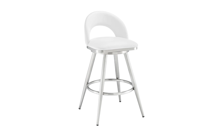 LCCHBABSWHI26  CHARLOTTE SWIVEL COUNTER STOOL IN BRUSHED STAINLESS STEEL WITH WHITE FAUX LEATHER
