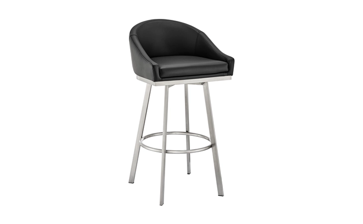 LCELBABSBLK30  ELEANOR SWIVEL BAR STOOL IN BRUSHED STAINLESS STEEL WITH BLACK FAUX LEATHER