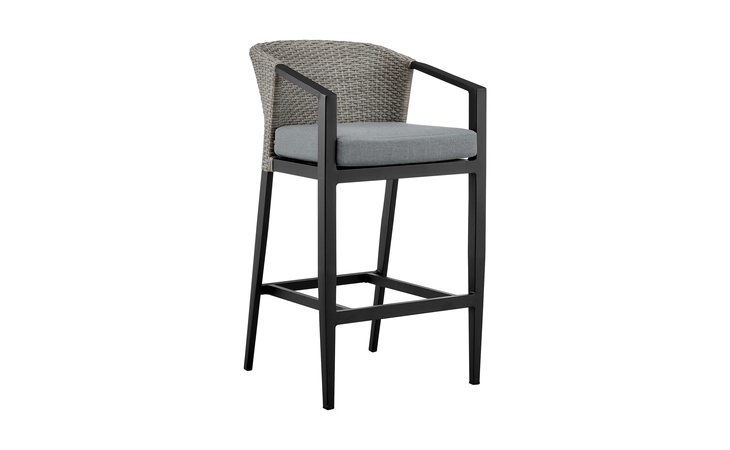 LCPFBAGR26  PALMA OUTDOOR PATIO COUNTER HEIGHT BAR STOOL IN ALUMINUM AND WICKER WITH GRAY CUSHIONS