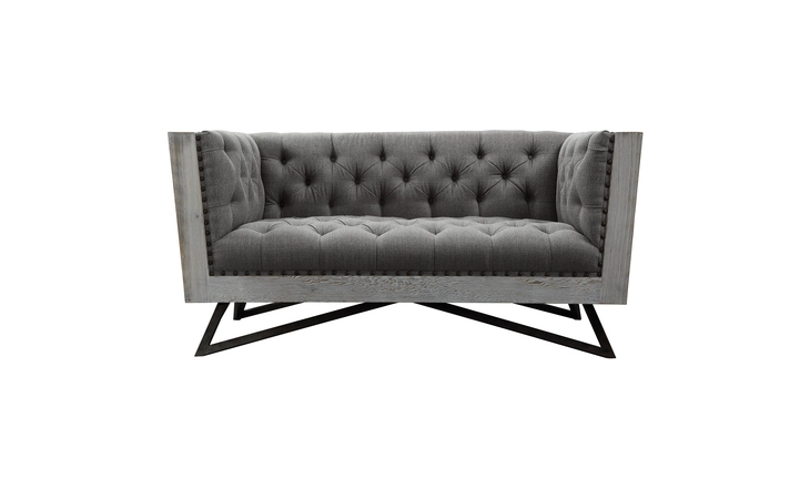 LCRE2GR REGIS CONTEMPORARY LOVESEAT IN GRAY FABRIC WITH BLACK METAL FINISH LEGS AND ANTIQUE BROWN NAILHEAD ACCENTS ARMEN LIVING  LCRE2GR