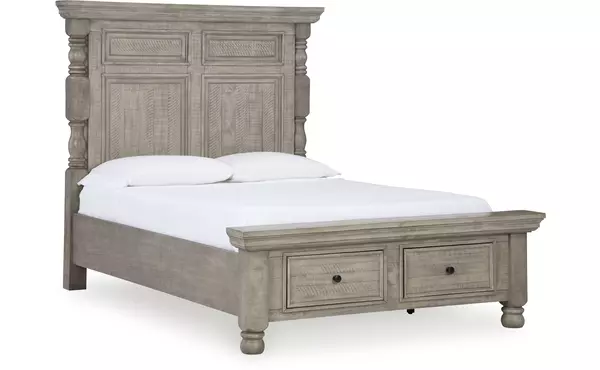 harrastone gray queen hdbd/ftbd posts/drawers by ashley
