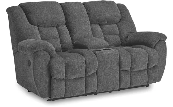 foreside charcoal dbl rec loveseat w/console by ashley