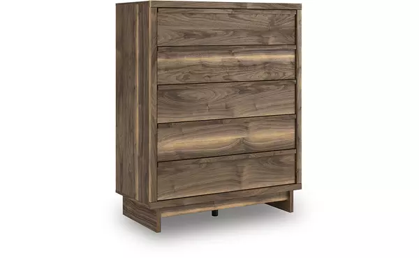 chirason brown five drawer wide chest by ashley
