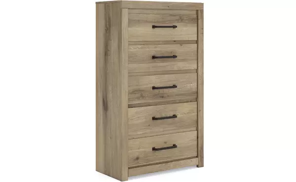 brozmont tan five drawer chest by ashley