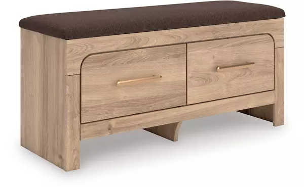 kinlanni tan bedroom uph storage bench by ashley