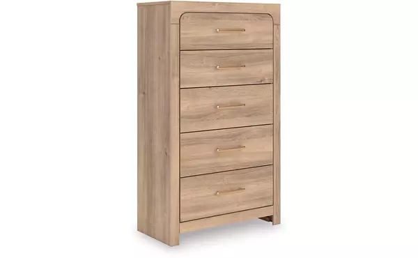 kinlanni tan five drawer chest by ashley