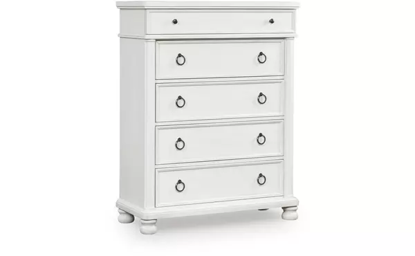 rowlenstown antique white five drawer chest by ashley