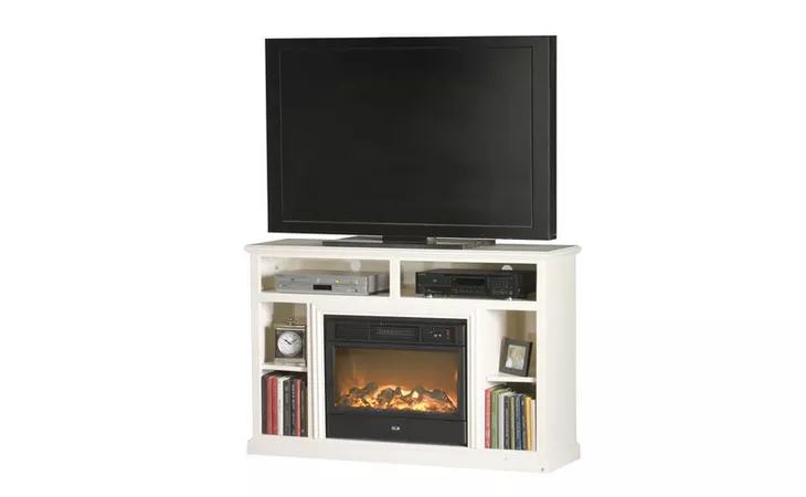  54 ENTERTAINMENT CONSOLE WITH FIREPLACE, BOOKCASE SIDES, 2 FIXED SHELVES, OPEN STORAGE ABOVE FIREPLACE, PLAIN BASE*GLASS*NG*FINSISH*BK, CC, CO, CM, CR, EC, GO, HG, IV, SW, UN, WH EAGLE  52552