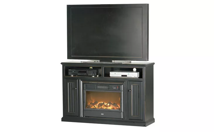  54 ENTERTAINMENT CONSOLE WITH FIREPLACE, OPEN STORAGE ABOVE FIREPLACE, 2 BEAD BOARD DOORS, PLAIN BASE*GLASS*NG*FINSISH*BK, CC, CO, CM, CR, EC, GO, HG, IV, SW, UN, WH EAGLE  52553