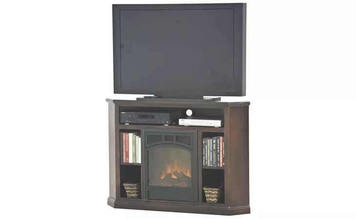  50 CORNER ENTERTAINMENT CONSOLE WITH FIREPLACE, (CORNER OUT 35 1 2), OPEN STORAGE ABOVE FIREPLACE, 2 FIXED SHELVES FOR SIDE STORAGE, PLAIN BASE*GLASS*NG*FINSISH*BK, CC, CO, CM, CR, EC, GO, HG, IV, SW, UN, WH EAGLE  52739