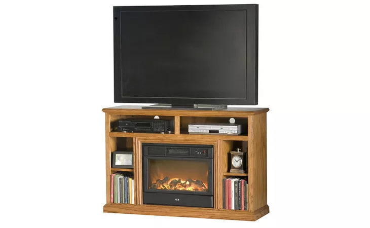  54 ENTERTAINMENT CONSOLE WITH FIREPLACE, BOOKCASE SIDES, 2 FIXED SHELVES, OPEN STORAGE ABOVE FIREPLACE, PLAIN BASE*GLASS*NG*FINSISH*CC, DK, LT, MD, SO, UN, CR, CM EAGLE  53552